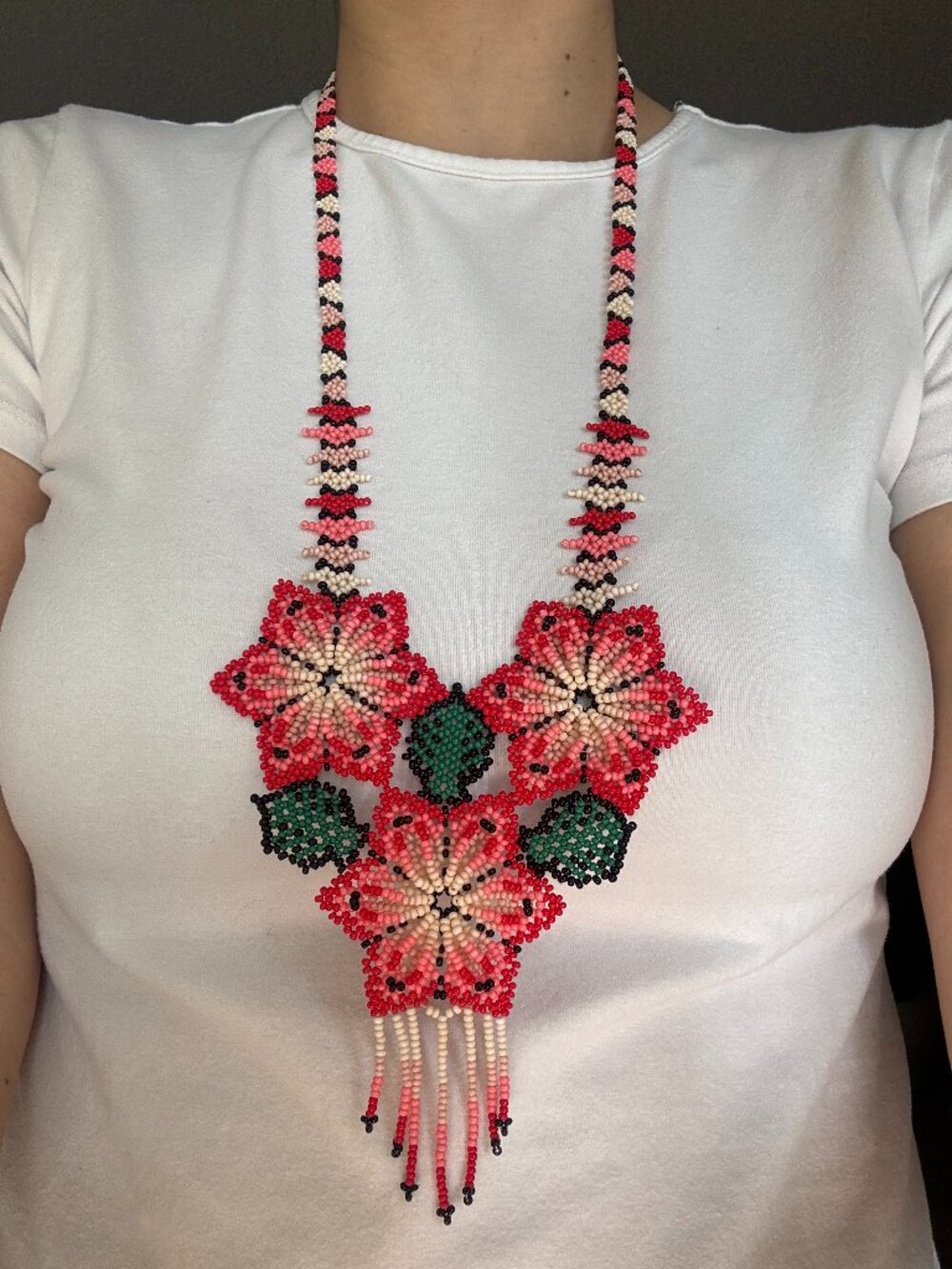 Handcrafted Crimson Red, Black, Green and White Seed Bead Bid Necklace